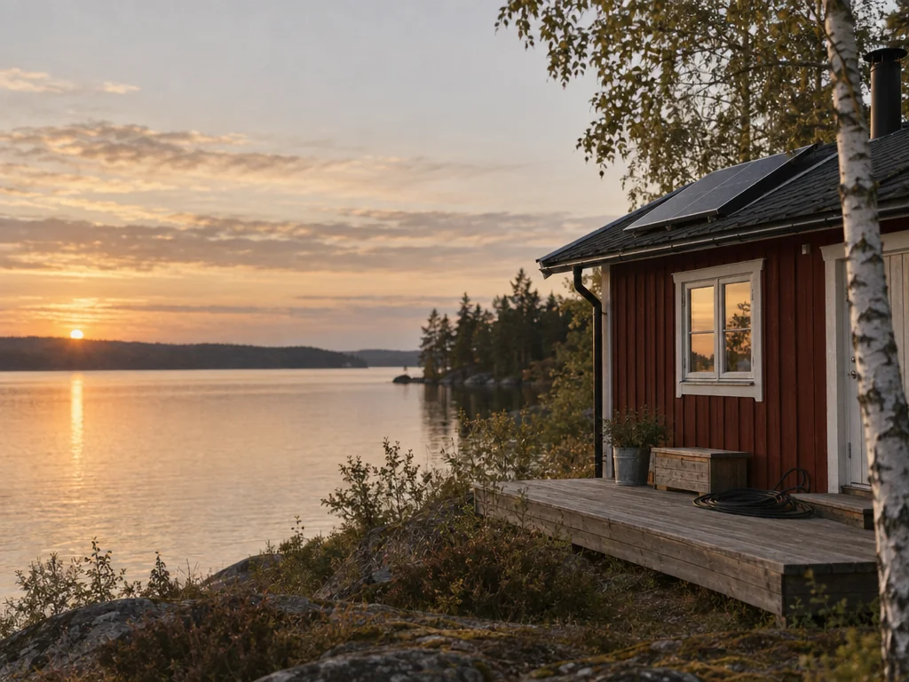 A cabin with solar panels on the roof by a lake