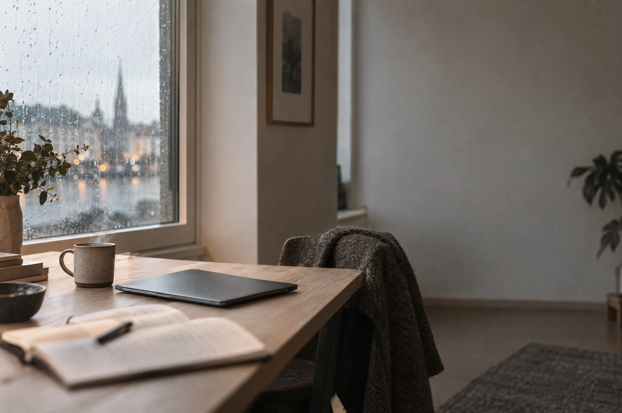 A desk by a rainy window early in the morning, with a laptop, a cup of coffee and a notebook