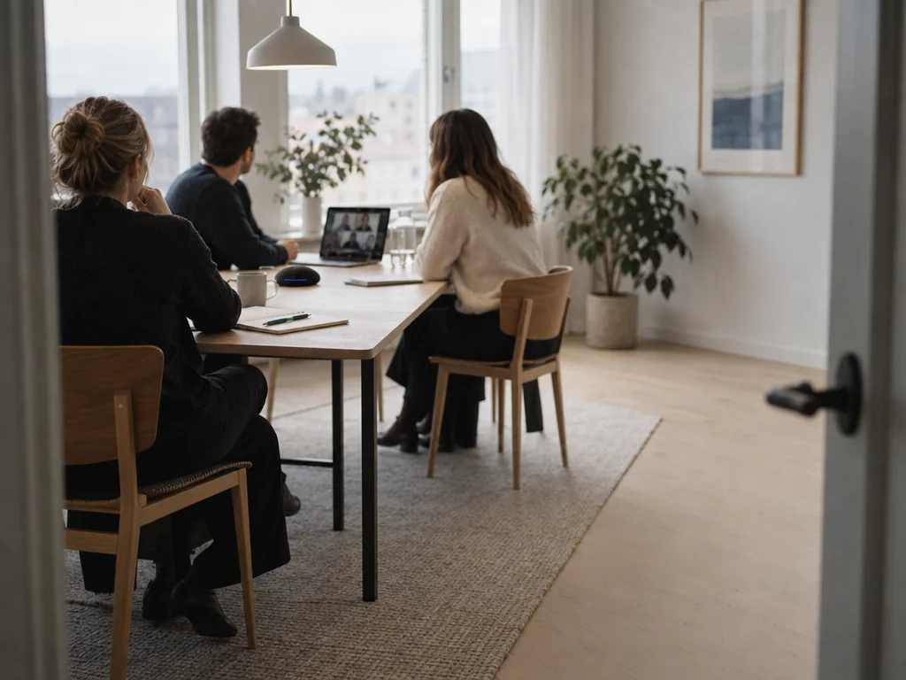 A meeting room seen from the doorway during a meeting