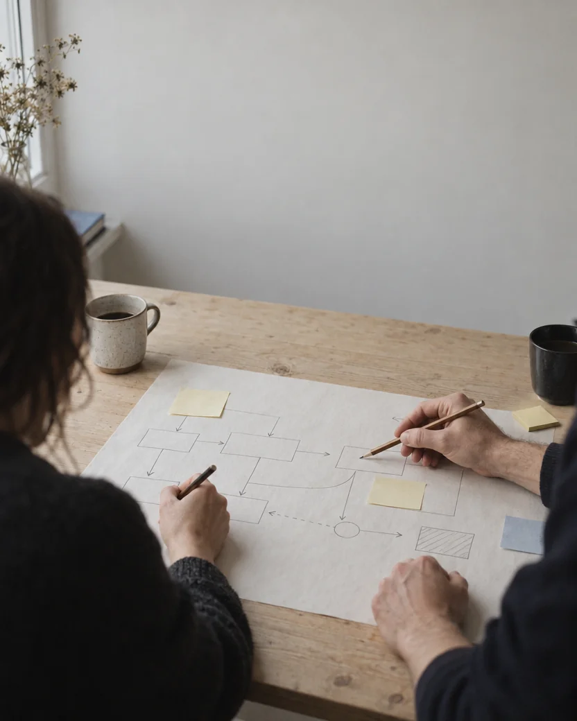 Hands mapping out a workflow with sticky notes on a large sheet of paper